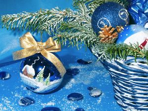 Preview wallpaper christmas, new year, spheres, dark blue, basket, drawings