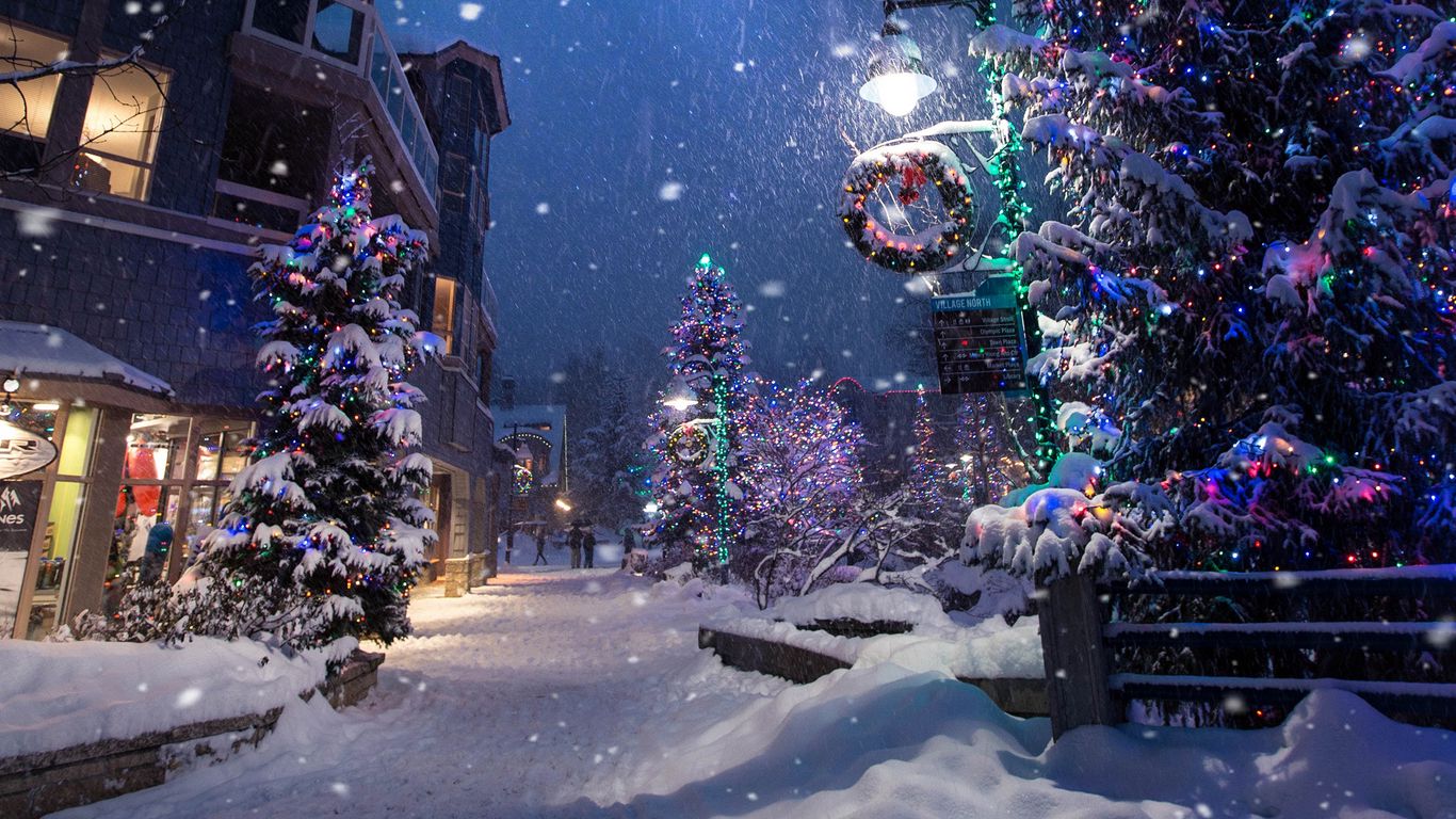 Download wallpaper 1366x768 christmas, new year, winter, street, snowfall,  mood tablet, laptop hd background