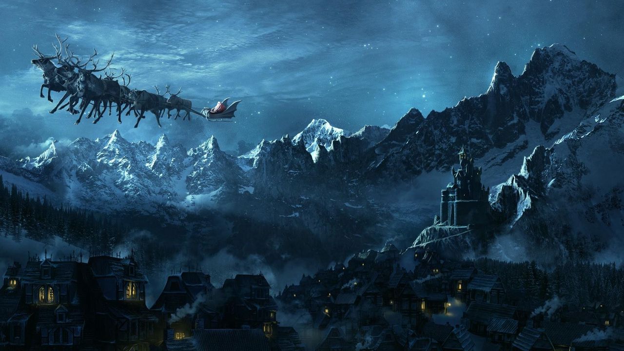 Wallpaper christmas, sleigh, flying, santa claus, city, mountain, holiday