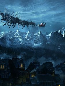 Preview wallpaper christmas, sleigh, flying, santa claus, city, mountain, holiday