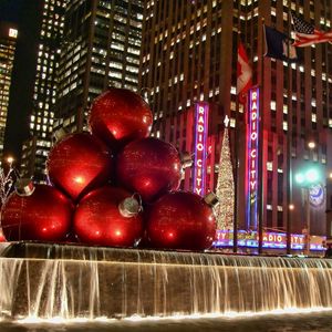 Preview wallpaper christmas toys, balls, fountain, street, night