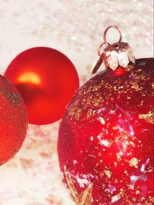Preview wallpaper christmas toys, balls, three, glitter, close-up