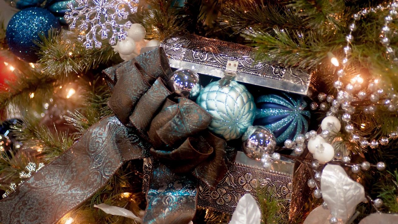 Wallpaper christmas tree, casket, ribbon, ornaments, toys, holiday, mood