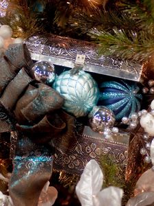 Preview wallpaper christmas tree, casket, ribbon, ornaments, toys, holiday, mood