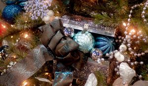 Preview wallpaper christmas tree, casket, ribbon, ornaments, toys, holiday, mood