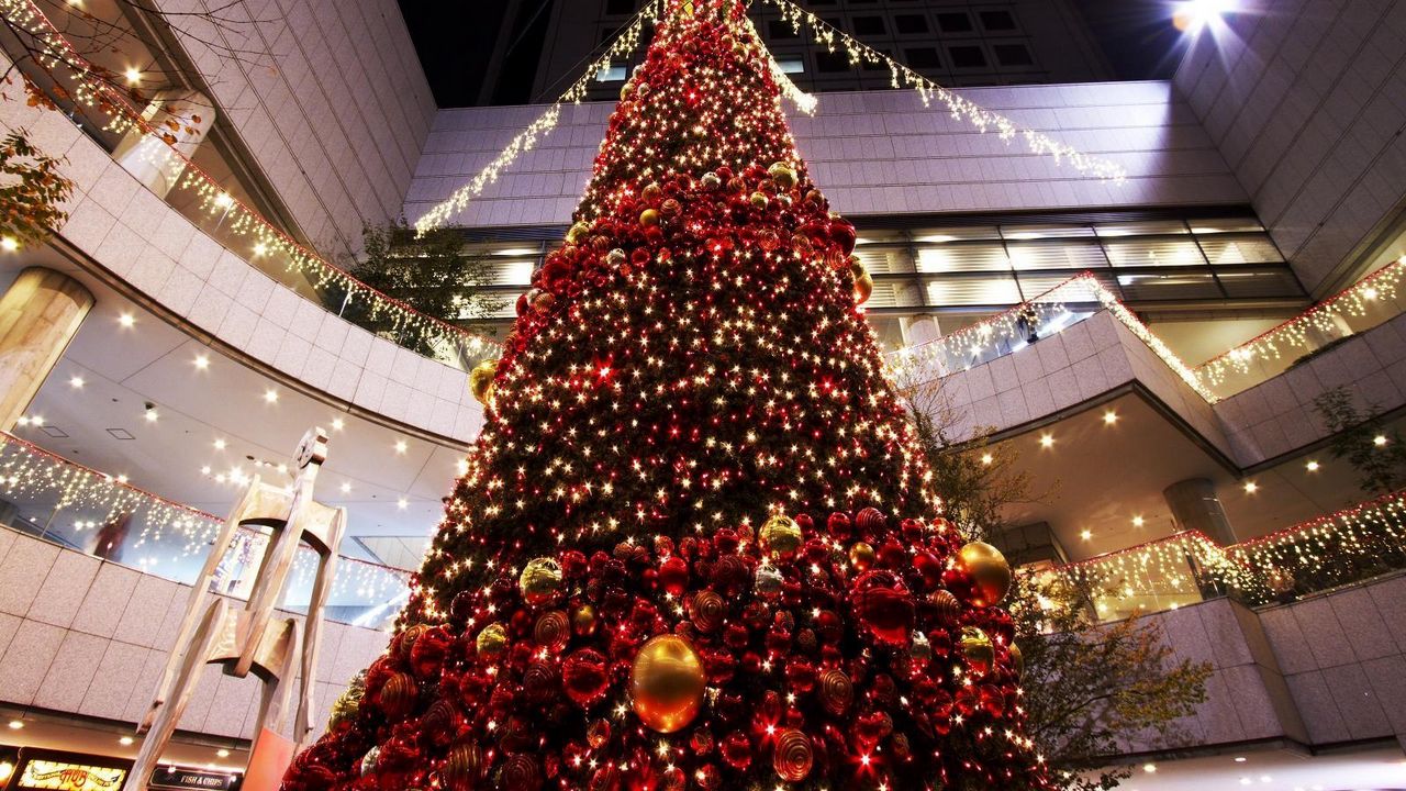 Wallpaper christmas tree, christmas, holiday, toys, shopping center, hall