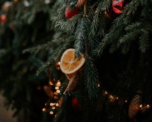 Preview wallpaper christmas tree, cones, orange, decorations, garlands, new year, christmas