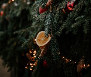 Preview wallpaper christmas tree, cones, orange, decorations, garlands, new year, christmas