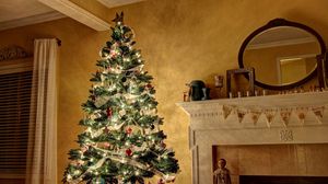 Preview wallpaper christmas tree, decoration, lodgings, mirror, fireplace, candles