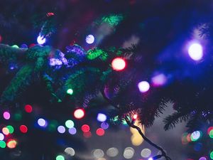 Preview wallpaper christmas tree, garland, lights, glare, new year, christmas