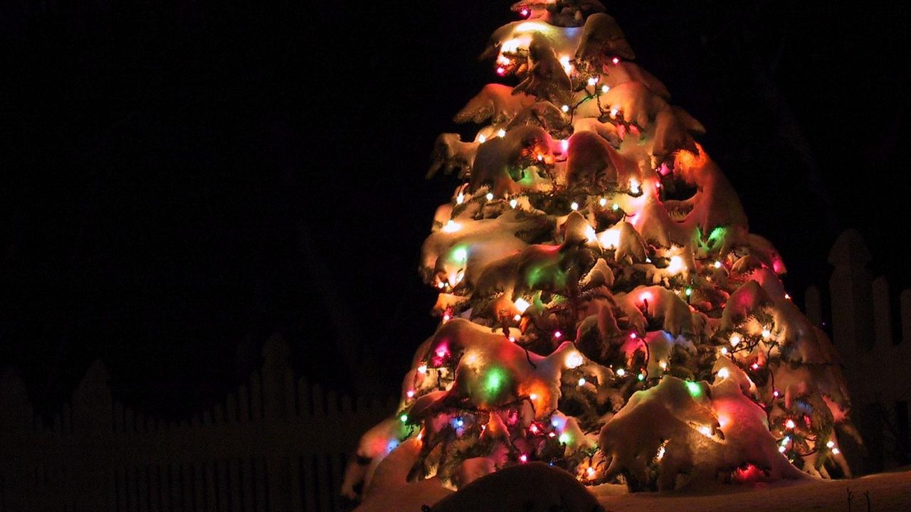 Wallpaper christmas tree, garland, snow, street, holiday, christmas, night
