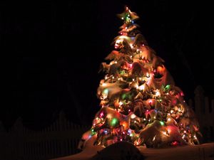 Preview wallpaper christmas tree, garland, snow, street, holiday, christmas, night