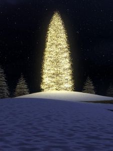 Preview wallpaper christmas tree, garlands, forest, sky, stars, snow