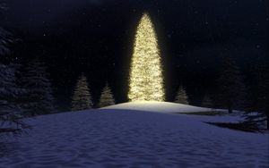 Preview wallpaper christmas tree, garlands, forest, sky, stars, snow