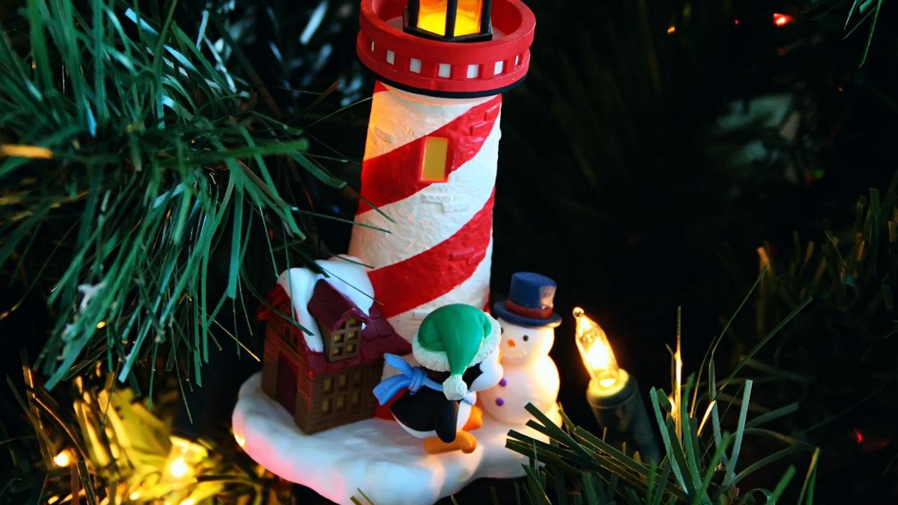 Wallpaper christmas tree, garlands, house, lighthouse, penguin, snowman, figurines, holiday