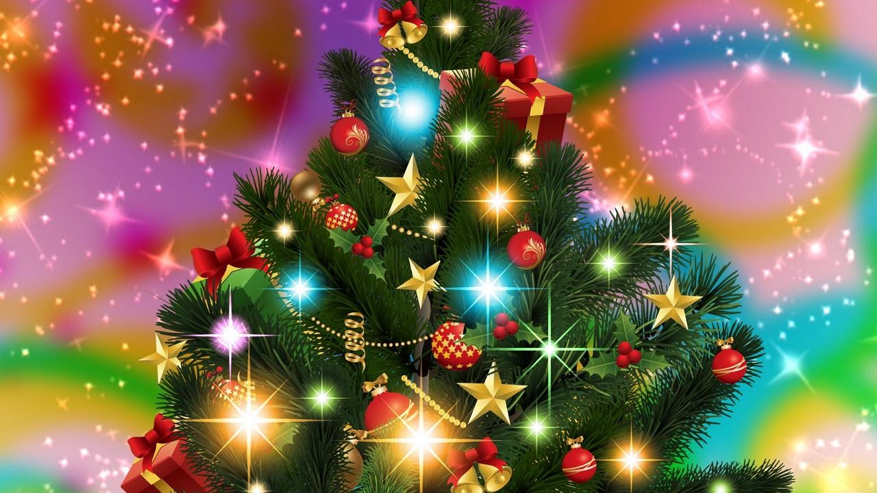 Wallpaper christmas tree, garlands, stars, radiance, holiday