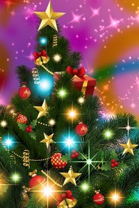 Preview wallpaper christmas tree, garlands, stars, radiance, holiday