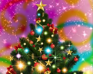 Preview wallpaper christmas tree, garlands, stars, radiance, holiday