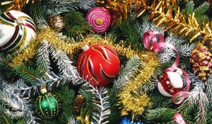Preview wallpaper christmas tree, needles, holiday, christmas decorations, ornaments, tinsel