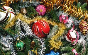 Preview wallpaper christmas tree, needles, holiday, christmas decorations, ornaments, tinsel