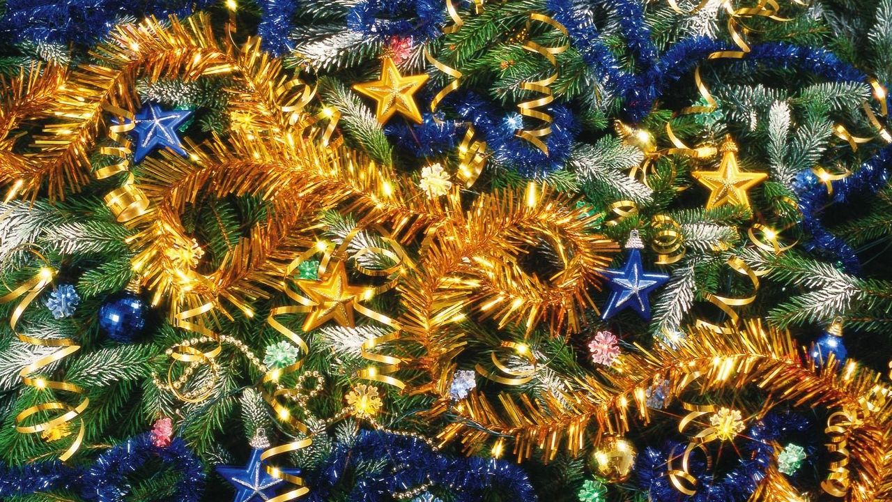 Wallpaper christmas tree, needles, holiday, stars, ornaments, tinsel, mood