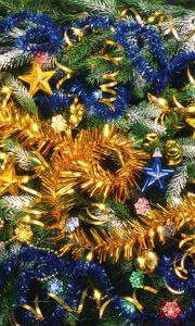 Preview wallpaper christmas tree, needles, holiday, stars, ornaments, tinsel, mood