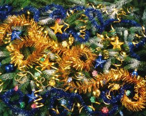 Preview wallpaper christmas tree, needles, holiday, stars, ornaments, tinsel, mood