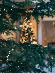 Preview wallpaper christmas tree, new year, christmas, glare, bokeh, branch, spruce