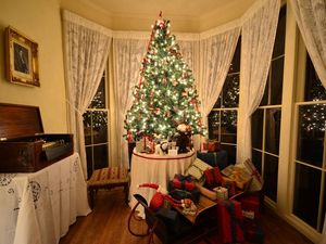Preview wallpaper christmas tree, presents, sleigh, lodgings