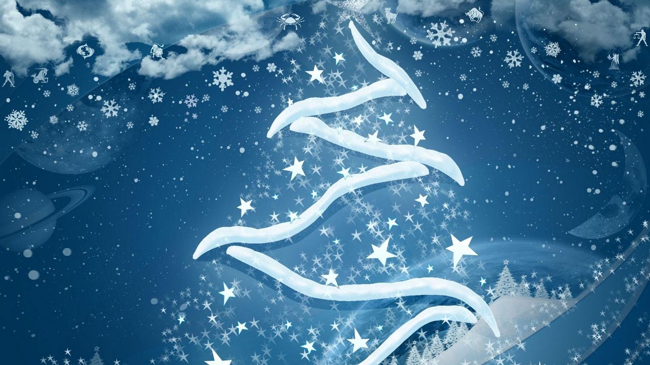 Wallpaper christmas tree, snowflakes, stars, clouds, planets, zodiac signs