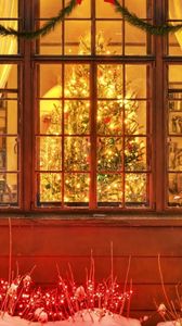 Preview wallpaper christmas trees, christmas, new year, garlands, window