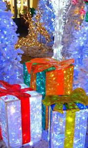 Preview wallpaper christmas trees, gifts, garlands, lights, holiday, new year