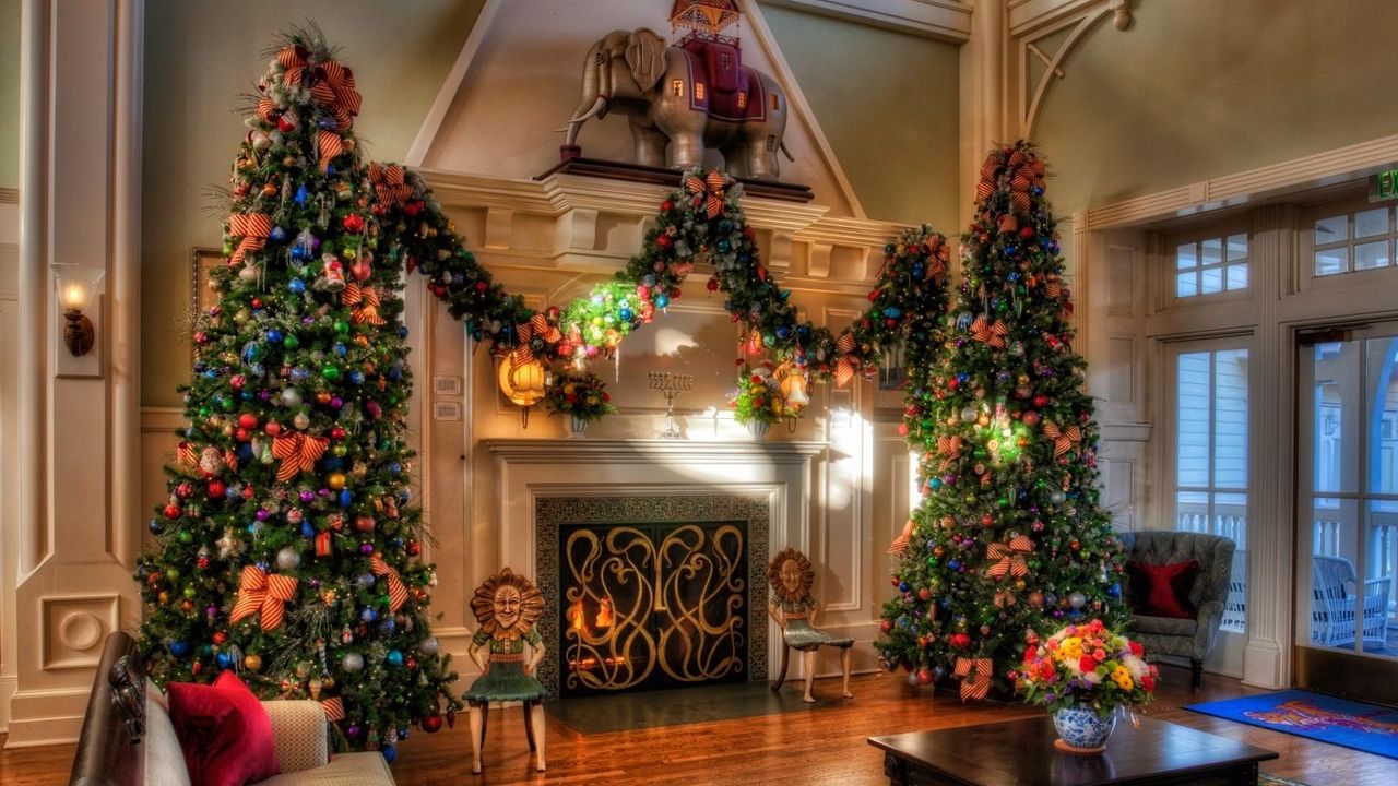Wallpaper christmas trees, holiday, decorations, fireplace, home, comfort, interior
