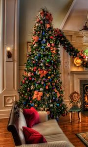 Preview wallpaper christmas trees, holiday, decorations, fireplace, home, comfort, interior