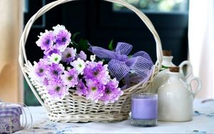 Preview wallpaper chrysanthemums, flowers, basket, candle, bow, decoration