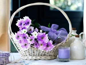 Preview wallpaper chrysanthemums, flowers, basket, candle, bow, decoration