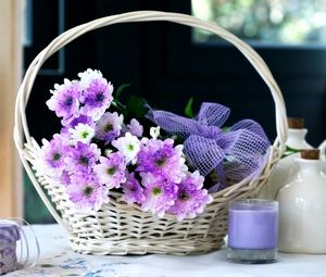 Preview wallpaper chrysanthemums, flowers, basket, candle, bow, decoration