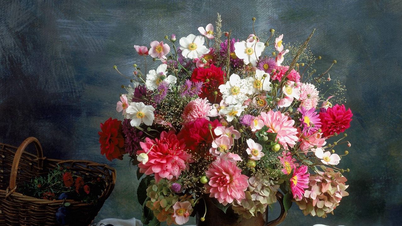 Wallpaper chrysanthemums, flowers, bouquet, vase, plums, still life