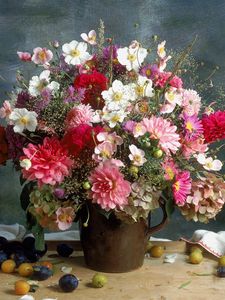 Preview wallpaper chrysanthemums, flowers, bouquet, vase, plums, still life