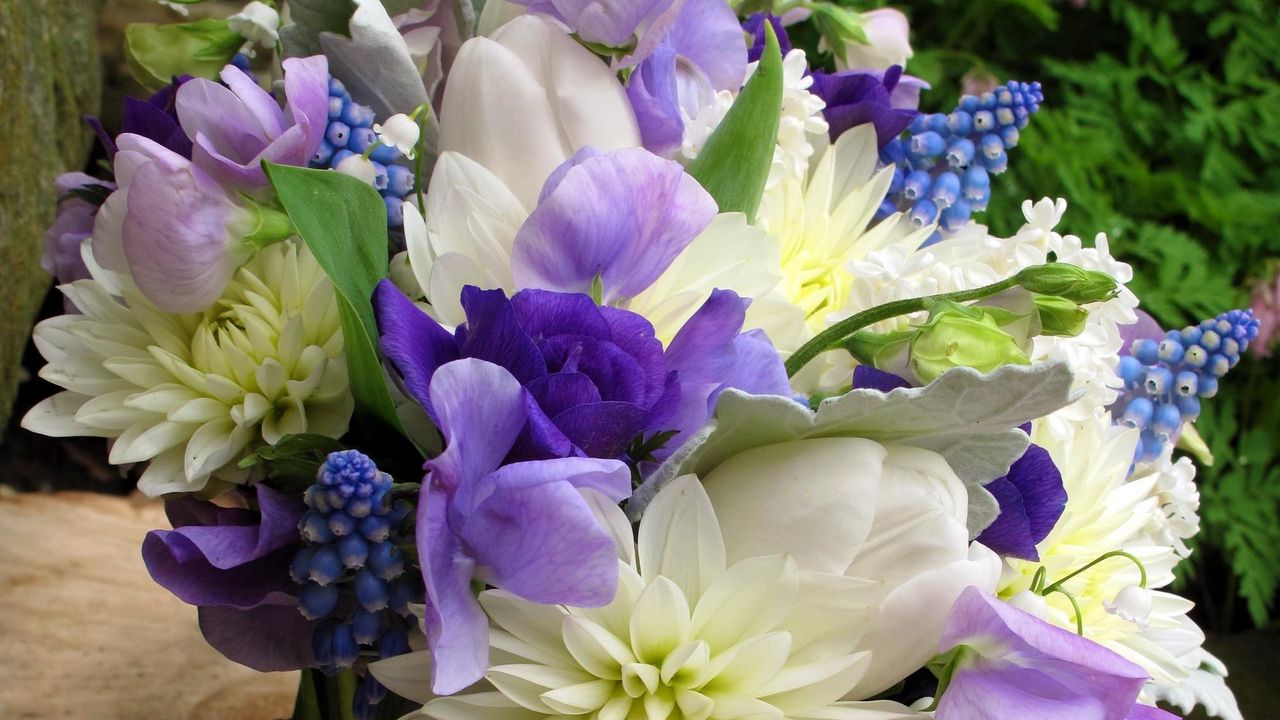 Wallpaper chrysanthemums, flowers, bouquet, muscari, lilys of the valley, spring