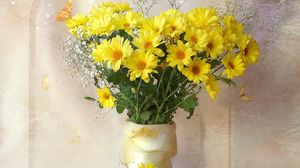 Preview wallpaper chrysanthemums, yellow, flowers, bouquets, gypsophila, vase