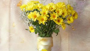 Preview wallpaper chrysanthemums, yellow, flowers, bouquets, gypsophila, vase