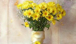 Preview wallpaper chrysanthemums, yellow, flowers, bouquets, gypsophila, vase