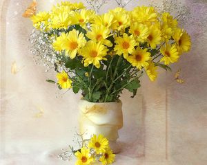 Preview wallpaper chrysanthemums, yellow, flowers, bouquets, gypsophila, vase