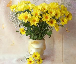 Preview wallpaper chrysanthemums, yellow, flowers, bouquets, gypsophila, vase