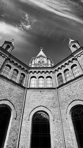 Preview wallpaper church, building, architecture, clouds, sky, bw