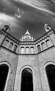 Preview wallpaper church, building, architecture, clouds, sky, bw