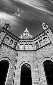 Preview wallpaper church, building, architecture, clouds, sky, bw