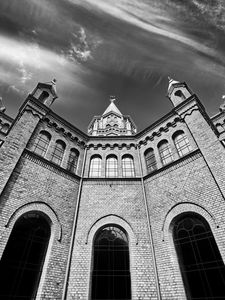 Preview wallpaper church, building, architecture, clouds, sky, bw