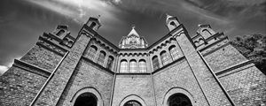 Preview wallpaper church, building, architecture, clouds, sky, bw
